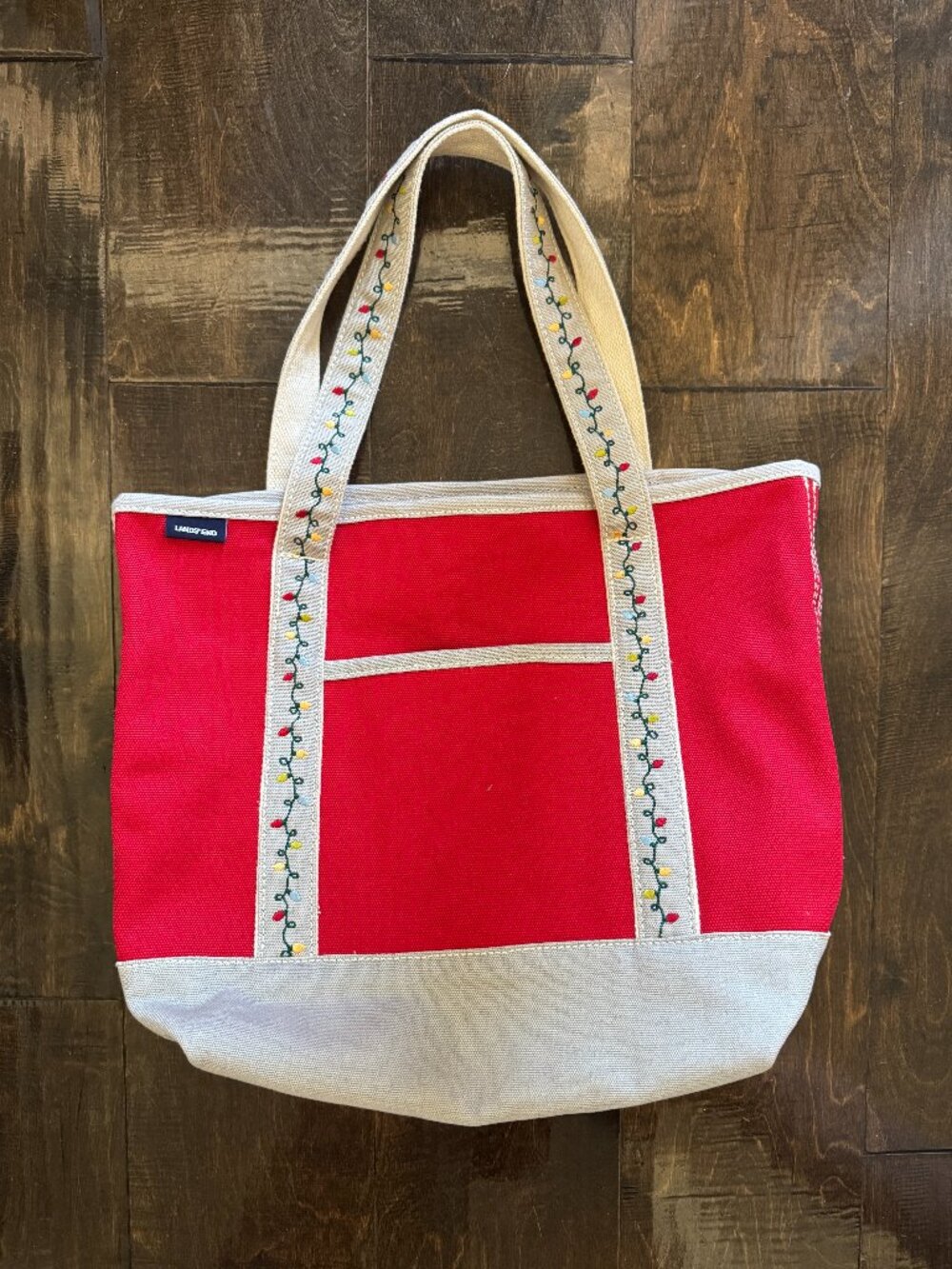 Land's End Medium Canvas Tote Christmas Lights Embroidery Red Beige Five Pocket